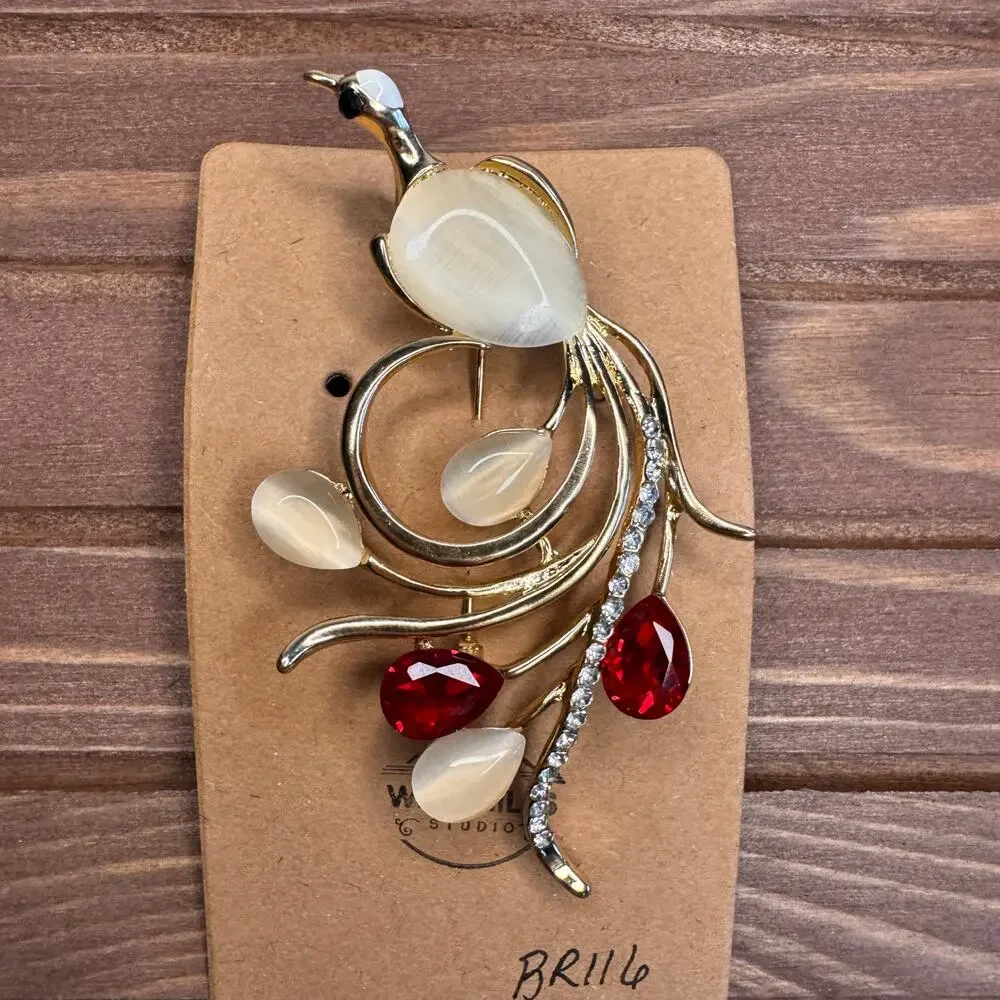 Beautiful Peacock Pin White Red Jewelry Brooch Fashion Jewelry FAST SHIP